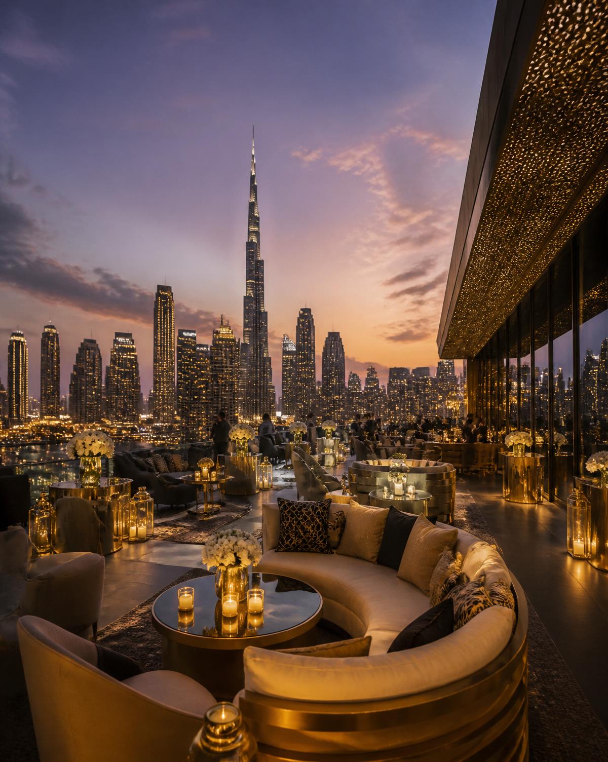 Rooftop luxury lounge overlooking Dubai skyline